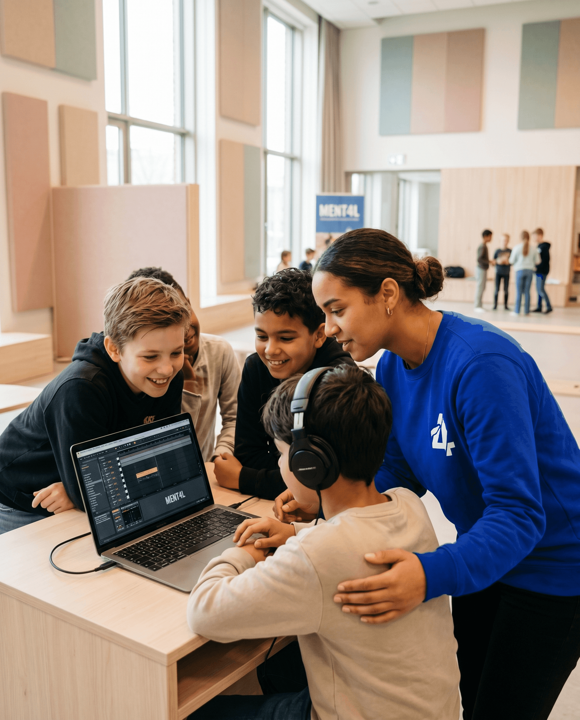 Een ment4l jeugdcoach met een groepje kinderen tijdens een activiteit